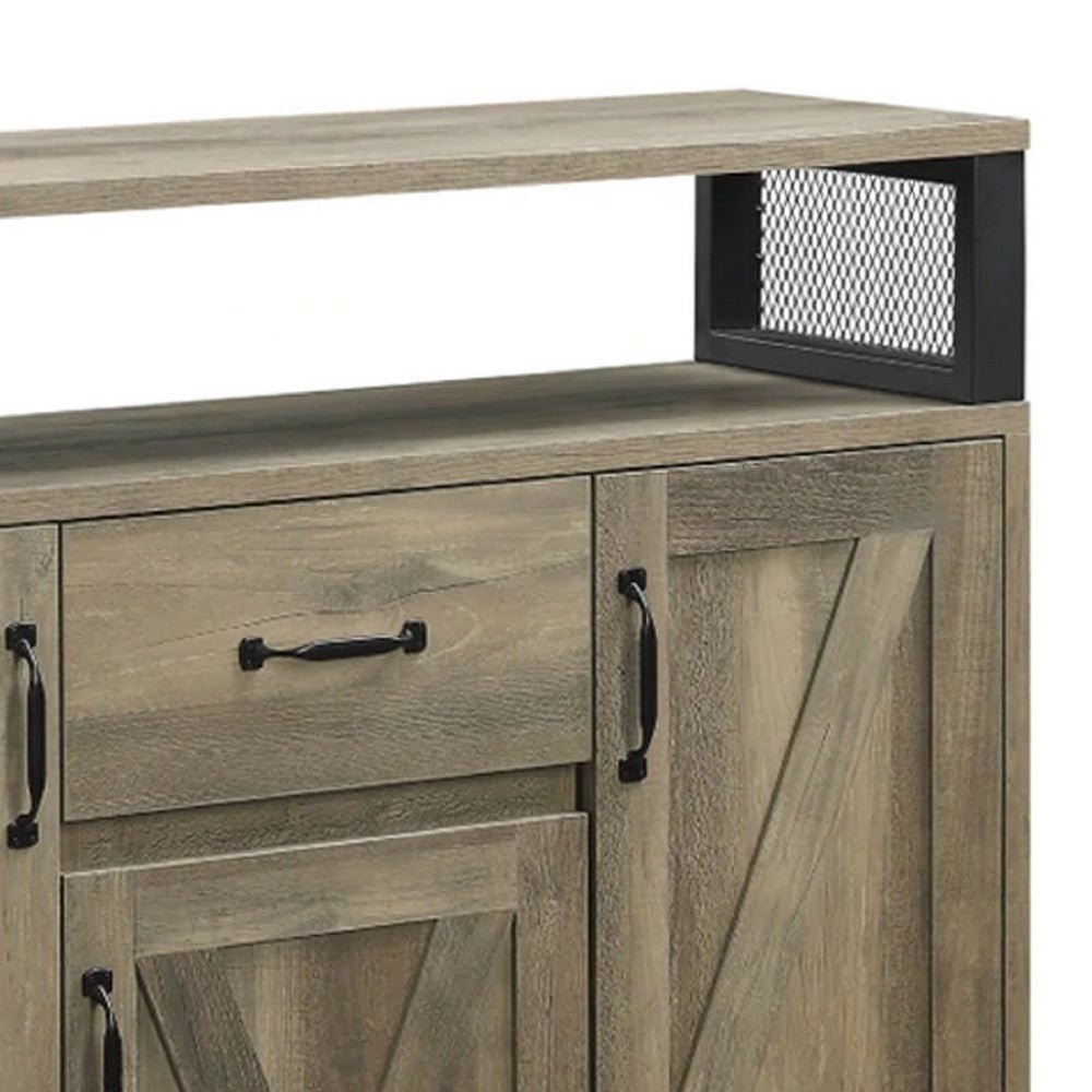 Benjara 39 Inch Wood Sideboard Buffet Cabinet, 3 Barn Style Doors, Rustic Oak - BM275730 - 192551837416 - SideboardOutlet.com