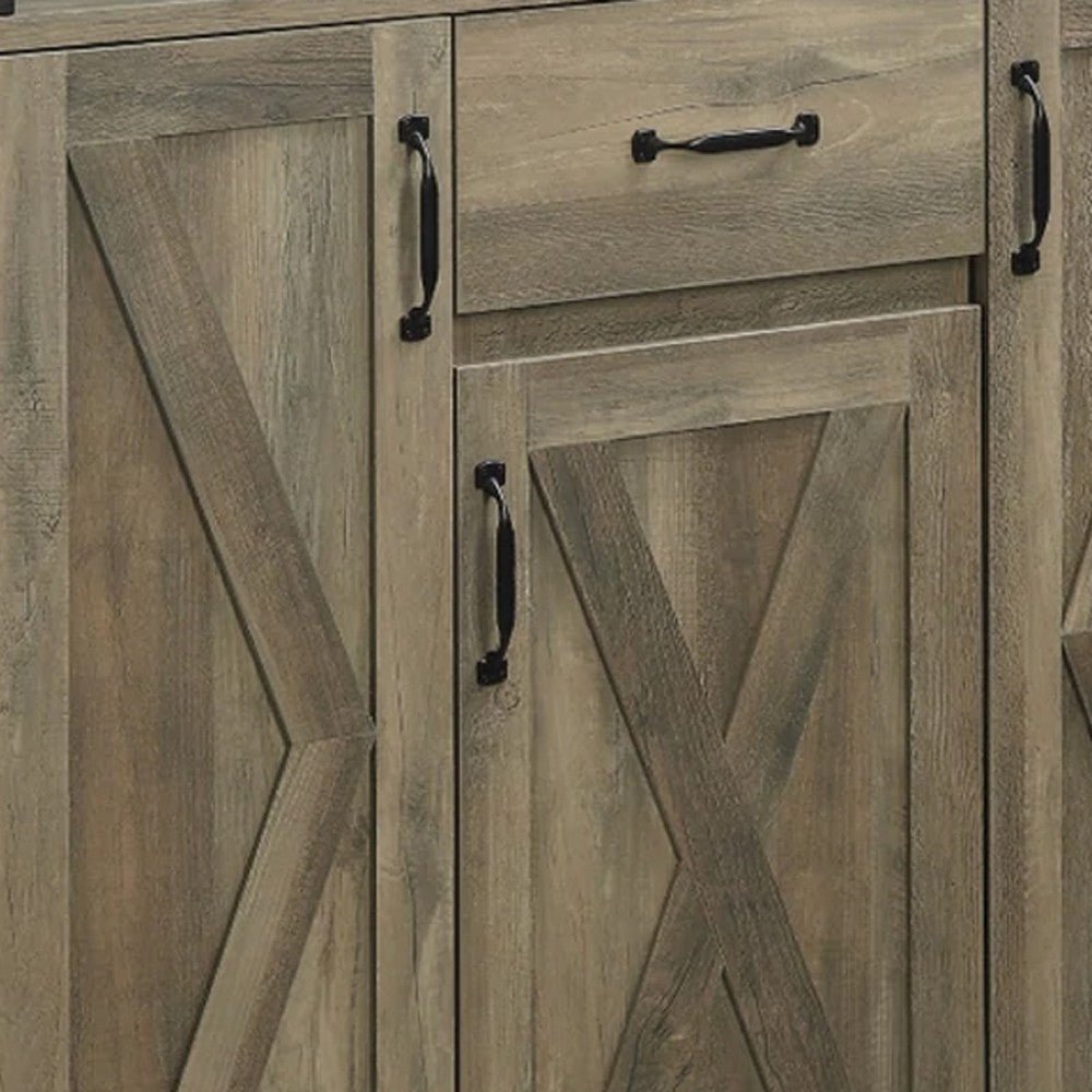 Benjara 39 Inch Wood Sideboard Buffet Cabinet, 3 Barn Style Doors, Rustic Oak - BM275730 - 192551837416 - SideboardOutlet.com