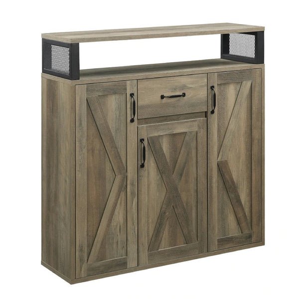 Benjara 39 Inch Wood Sideboard Buffet Cabinet, 3 Barn Style Doors, Rustic Oak - BM275730 - 192551837416 - SideboardOutlet.com