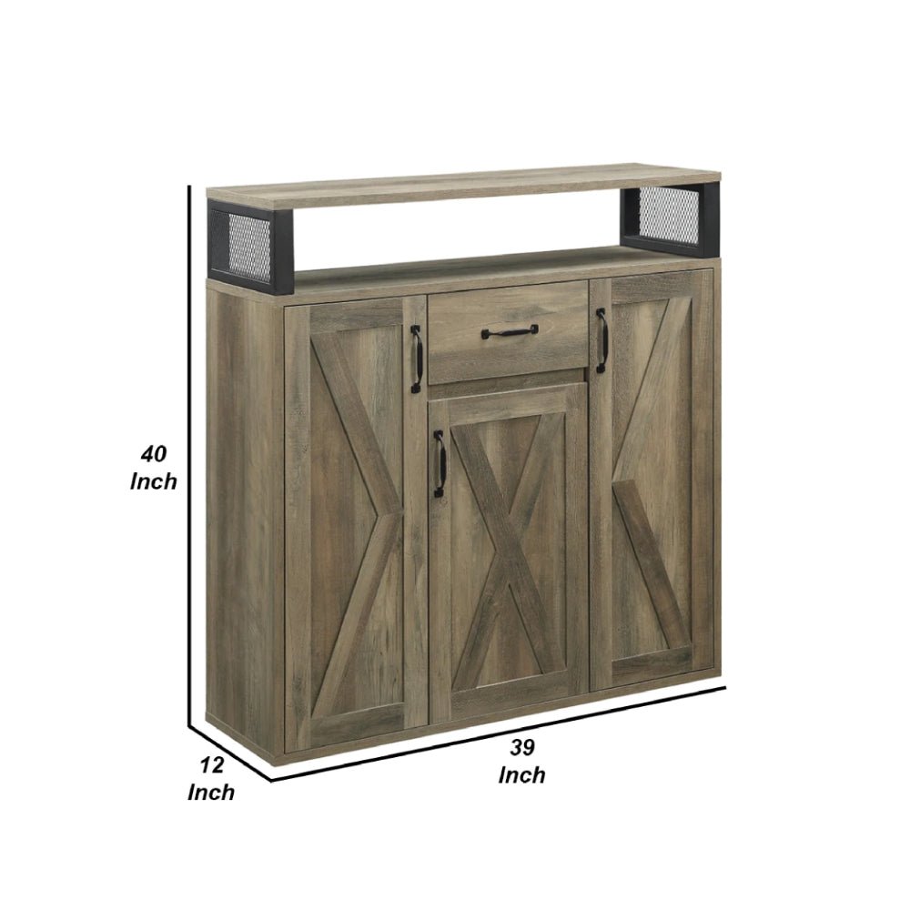 Benjara 39 Inch Wood Sideboard Buffet Cabinet, 3 Barn Style Doors, Rustic Oak - BM275730 - 192551837416 - SideboardOutlet.com