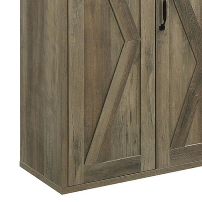 Benjara 39 Inch Wood Sideboard Buffet Cabinet, 3 Barn Style Doors, Rustic Oak - BM275730 - 192551837416 - SideboardOutlet.com