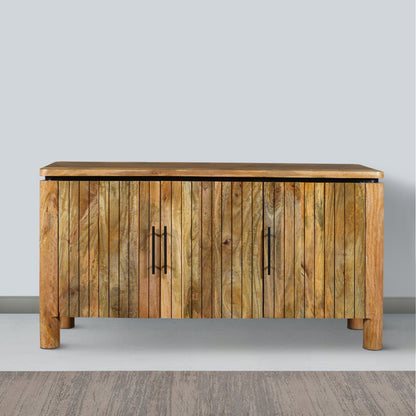 The Urban Port 54 Inch Sideboard Console With 3 Grooved Cabinet Doors, Iron Handles, Natural Brown Mango Wood - UPT-293351 - 192551905757 - SideboardOutlet.com