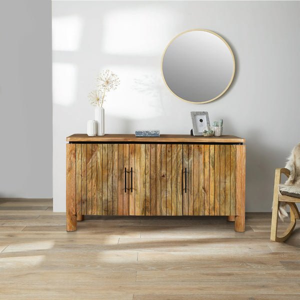 The Urban Port 54 Inch Sideboard Console With 3 Grooved Cabinet Doors, Iron Handles, Natural Brown Mango Wood - UPT-293351 - 192551905757 - SideboardOutlet.com