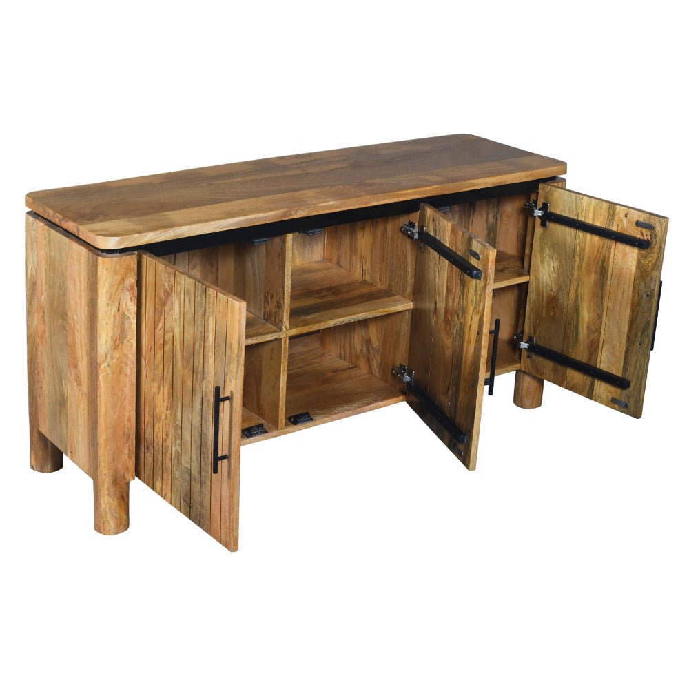 The Urban Port 54 Inch Sideboard Console With 3 Grooved Cabinet Doors, Iron Handles, Natural Brown Mango Wood - UPT-293351 - 192551905757 - SideboardOutlet.com