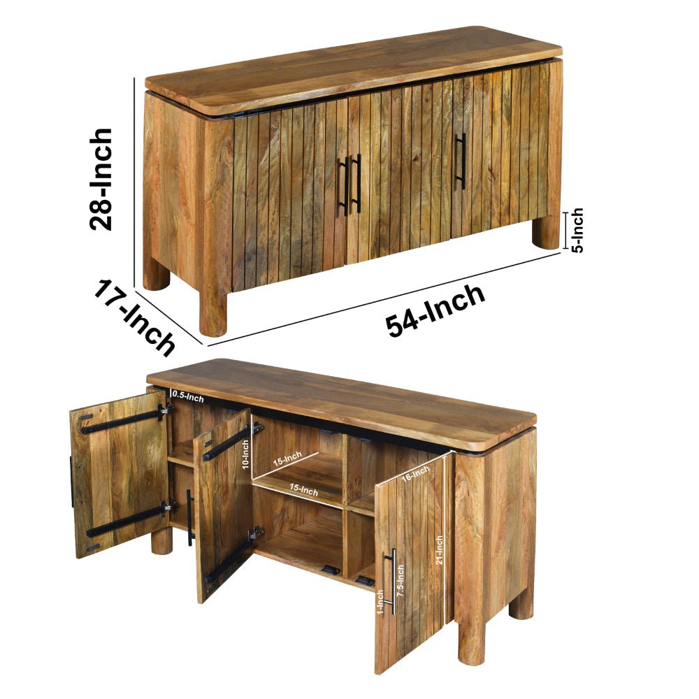 The Urban Port 54 Inch Sideboard Console With 3 Grooved Cabinet Doors, Iron Handles, Natural Brown Mango Wood - UPT-293351 - 192551905757 - SideboardOutlet.com