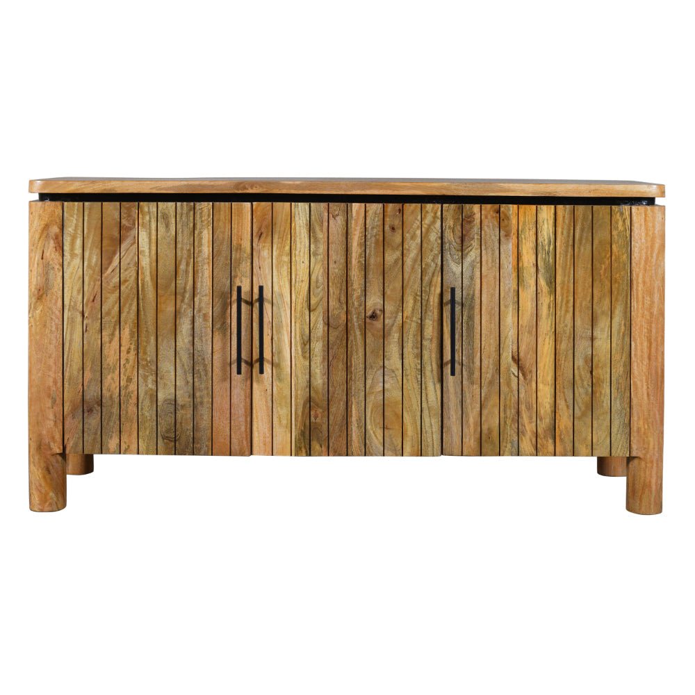 The Urban Port 54 Inch Sideboard Console With 3 Grooved Cabinet Doors, Iron Handles, Natural Brown Mango Wood - UPT-293351 - 192551905757 - SideboardOutlet.com