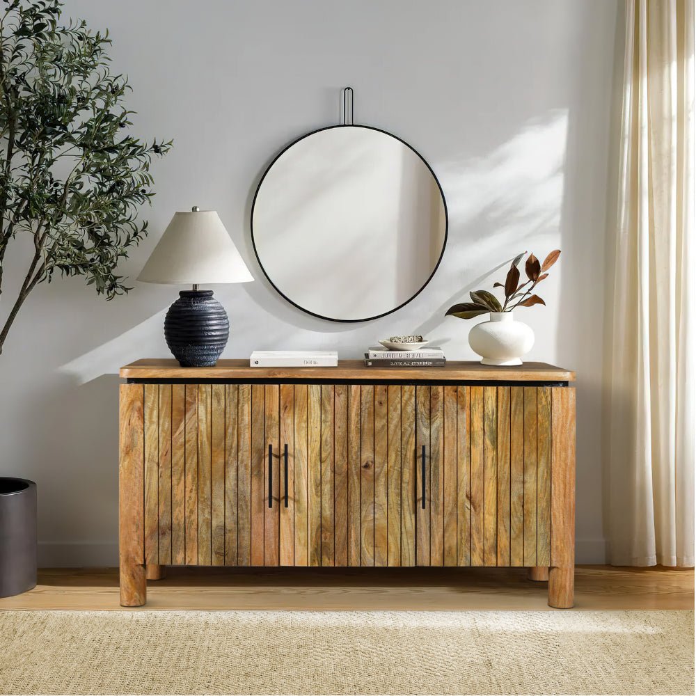 The Urban Port 54 Inch Sideboard Console With 3 Grooved Cabinet Doors, Iron Handles, Natural Brown Mango Wood - UPT-293351 - 192551905757 - SideboardOutlet.com