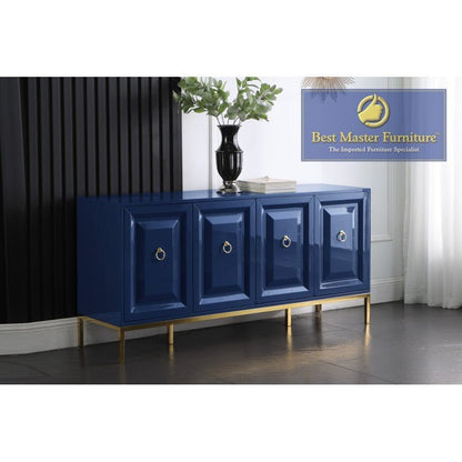 Lacquered 4 Door Sideboard With Interior Drawer, Blue With Gold Legs - T1949-Blue - SideboardOutlet.com