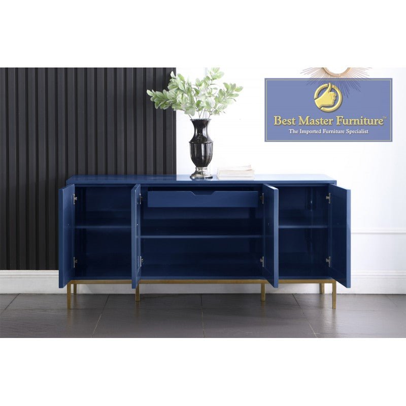 Lacquered 4 Door Sideboard With Interior Drawer, Blue With Gold Legs - T1949-Blue - SideboardOutlet.com