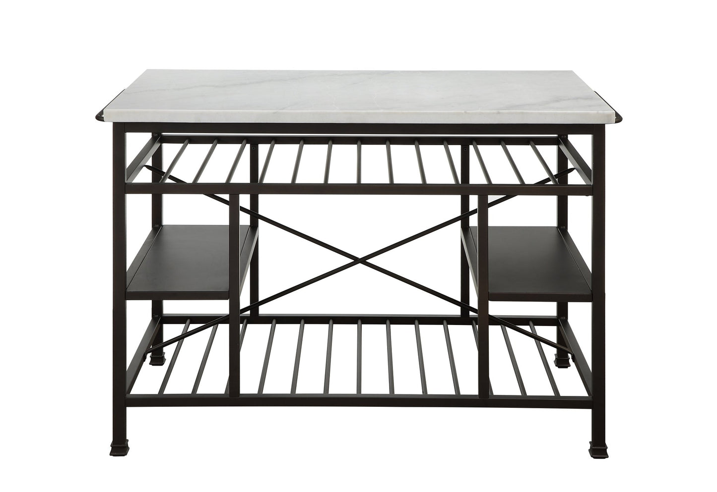 Benjara Marble Top Metal Kitchen Island with 2 Slated Shelves, Brown and White - BM214990 - 192551446618 - SideboardOutlet.com