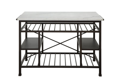 Benjara Marble Top Metal Kitchen Island with 2 Slated Shelves, Brown and White - BM214990 - 192551446618 - SideboardOutlet.com