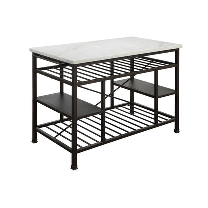 Benjara Marble Top Metal Kitchen Island with 2 Slated Shelves, Brown and White - BM214990 - 192551446618 - SideboardOutlet.com