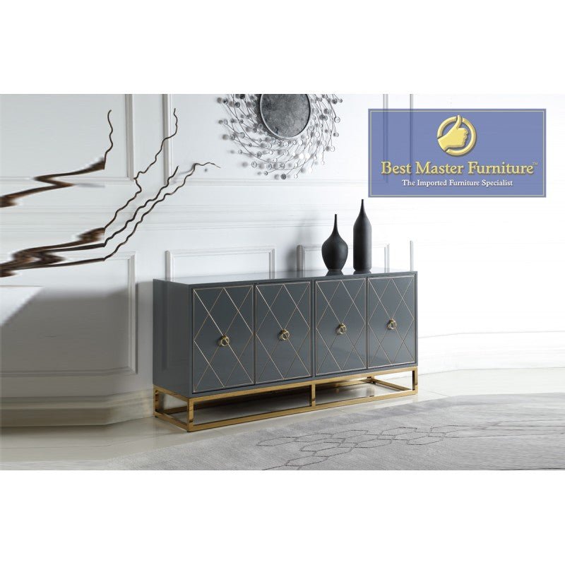 Modern Diamond Pattern 4 Door Sideboard, Gray With Gold Legs - T1943-Gray - SideboardOutlet.com