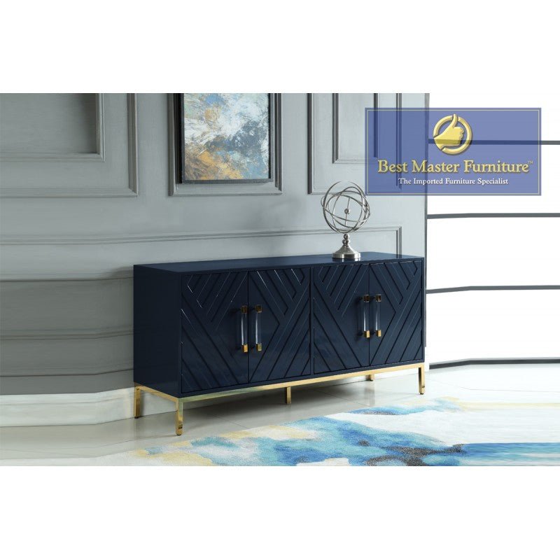 Modern Lacquered 4 Door Sideboard, Blue With Gold Legs - T1942-Blue - SideboardOutlet.com